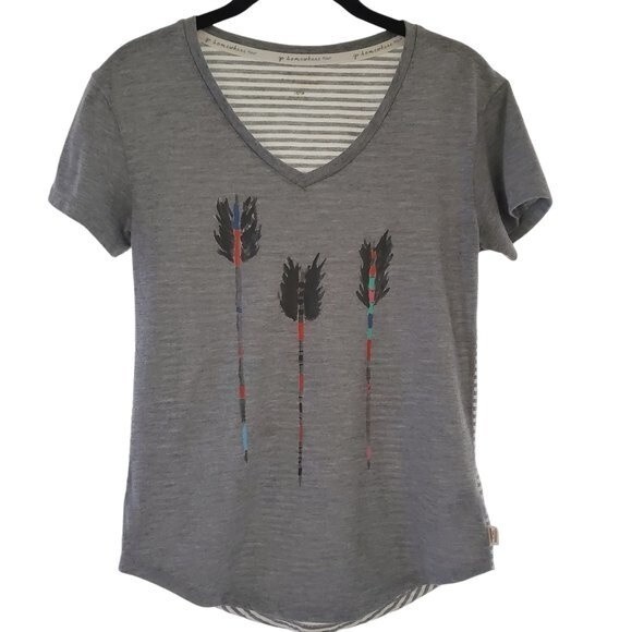 Graphic Tee Arrow Print w/ Contrast Striped Back V-neck Grey Women’s Size XS - Picture 2 of 9